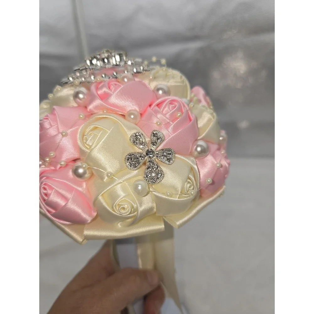 Pink & White Rose Flower Rhinestone Pearl Wedding Bridal Bouquet